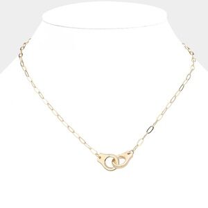 Gold Paperclip Chain Necklace With Handcuffs